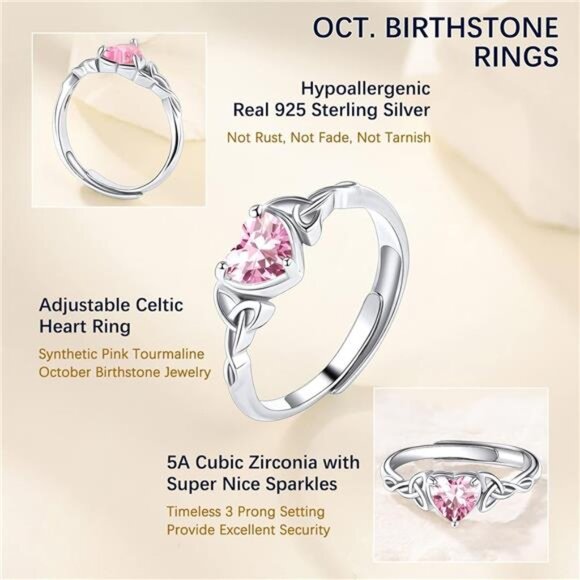 925 Sterling Silver Good Luck Celtic Trinity Knot/Claddagh Heart Birthstone Ring - Picture 4 of 7